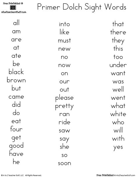 primer sight word list printable